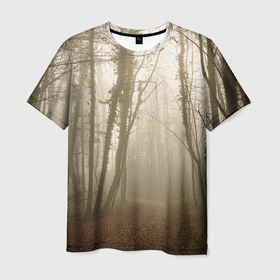 Мужская футболка 3D с принтом Туманный лес на восходе в Кировске, 100% полиэфир | прямой крой, круглый вырез горловины, длина до линии бедер | fog | forest | morning | sun | восход | лес | солнце | туман | утро