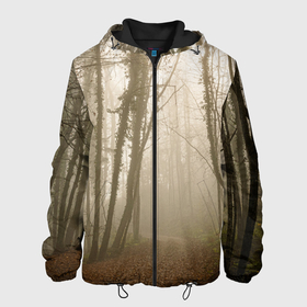 Мужская куртка 3D с принтом Туманный лес на восходе , ткань верха — 100% полиэстер, подклад — флис | прямой крой, подол и капюшон оформлены резинкой с фиксаторами, два кармана без застежек по бокам, один большой потайной карман на груди. Карман на груди застегивается на липучку | Тематика изображения на принте: fog | forest | morning | sun | восход | лес | солнце | туман | утро
