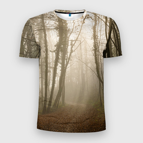 Мужская футболка 3D Slim с принтом Туманный лес на восходе , 100% полиэстер с улучшенными характеристиками | приталенный силуэт, круглая горловина, широкие плечи, сужается к линии бедра | Тематика изображения на принте: fog | forest | morning | sun | восход | лес | солнце | туман | утро