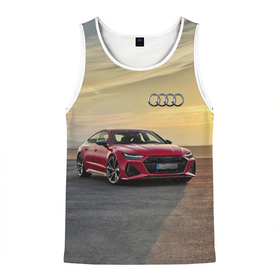 Мужская майка 3D с принтом Audi RS 7  на закате солнца   Audi RS 7 at sunset в Екатеринбурге, 100% полиэстер | круглая горловина, приталенный силуэт, длина до линии бедра. Пройма и горловина окантованы тонкой бейкой | audi rs 7 | car | clouds | desert | germany | nature | prestige | sky | sunset | автомобиль | ауди | германия | закат | небо | облака | престиж | природа | пустыня | солнце