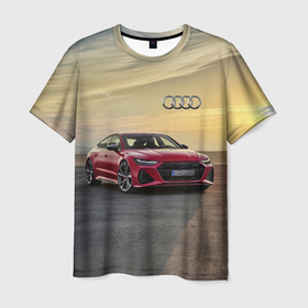 Мужская футболка 3D с принтом Audi RS 7  на закате солнца   Audi RS 7 at sunset в Новосибирске, 100% полиэфир | прямой крой, круглый вырез горловины, длина до линии бедер | audi rs 7 | car | clouds | desert | germany | nature | prestige | sky | sunset | автомобиль | ауди | германия | закат | небо | облака | престиж | природа | пустыня | солнце