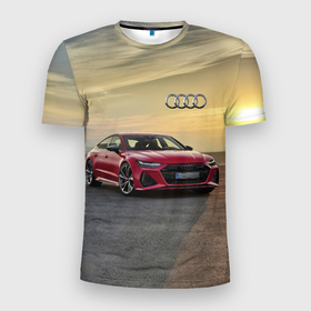 Мужская футболка 3D Slim с принтом Audi RS 7  на закате солнца   Audi RS 7 at sunset в Новосибирске, 100% полиэстер с улучшенными характеристиками | приталенный силуэт, круглая горловина, широкие плечи, сужается к линии бедра | audi rs 7 | car | clouds | desert | germany | nature | prestige | sky | sunset | автомобиль | ауди | германия | закат | небо | облака | престиж | природа | пустыня | солнце