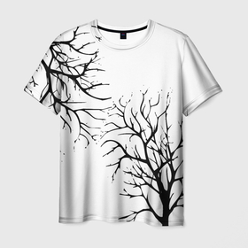 Мужская футболка 3D с принтом Черные ветки деревьев на белом фоне в Новосибирске, 100% полиэфир | прямой крой, круглый вырез горловины, длина до линии бедер | abstraction | black and white | tree branches | ветки | деревья | монохромный | черно белый