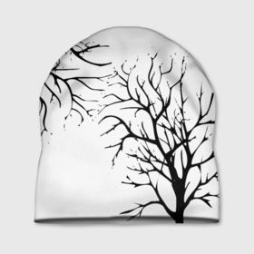 Шапка 3D с принтом Черные ветки деревьев на белом фоне в Тюмени, 100% полиэстер | универсальный размер, печать по всей поверхности изделия | abstraction | black and white | tree branches | ветки | деревья | монохромный | черно белый