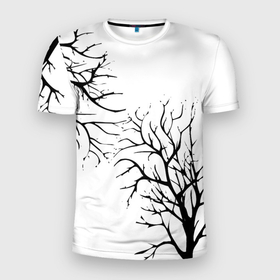 Мужская футболка 3D Slim с принтом Черные ветки деревьев на белом фоне в Белгороде, 100% полиэстер с улучшенными характеристиками | приталенный силуэт, круглая горловина, широкие плечи, сужается к линии бедра | abstraction | black and white | tree branches | ветки | деревья | монохромный | черно белый