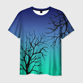 Мужская футболка 3D с принтом Черные абстрактные ветки деревьев на сине зеленом градиенте в Новосибирске, 100% полиэфир | прямой крой, круглый вырез горловины, длина до линии бедер | Тематика изображения на принте: abstraction | blue green | gradient | абстракция | ветки | ветки деревьев | градиент | зеленый | синий