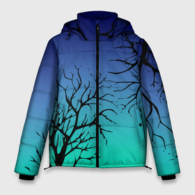 Мужская зимняя куртка 3D с принтом Черные абстрактные ветки деревьев на сине зеленом градиенте в Белгороде, верх — 100% полиэстер; подкладка — 100% полиэстер; утеплитель — 100% полиэстер | длина ниже бедра, свободный силуэт Оверсайз. Есть воротник-стойка, отстегивающийся капюшон и ветрозащитная планка. 

Боковые карманы с листочкой на кнопках и внутренний карман на молнии. | Тематика изображения на принте: abstraction | blue green | gradient | абстракция | ветки | ветки деревьев | градиент | зеленый | синий