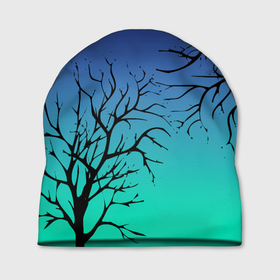 Шапка 3D с принтом Черные абстрактные ветки деревьев на сине зеленом градиенте , 100% полиэстер | универсальный размер, печать по всей поверхности изделия | Тематика изображения на принте: abstraction | blue green | gradient | абстракция | ветки | ветки деревьев | градиент | зеленый | синий