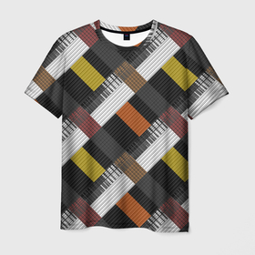 Мужская футболка 3D с принтом Коричнево горчичный с серым полосатый пэчворк , 100% полиэфир | прямой крой, круглый вырез горловины, длина до линии бедер | checkered | patches | patchwork | коричневый | лоскуты | полосатый | пэчворк | серый