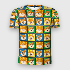 Мужская футболка 3D Slim с принтом Разноцветная плитка (сибы) в Екатеринбурге, 100% полиэстер с улучшенными характеристиками | приталенный силуэт, круглая горловина, широкие плечи, сужается к линии бедра | dog | shiba | shiba inu | абстракция | сиба | сиба ину | японская собака