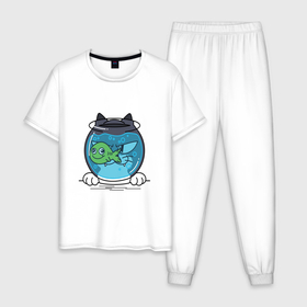 Мужская пижама хлопок с принтом KOTOFEY AND AQUARIUM , 100% хлопок | брюки и футболка прямого кроя, без карманов, на брюках мягкая резинка на поясе и по низу штанин
 | аквариум | животные | забавные | красочные | рыбка | синий