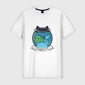 Мужская футболка хлопок Slim с принтом KOTOFEY AND AQUARIUM в Курске, 92% хлопок, 8% лайкра | приталенный силуэт, круглый вырез ворота, длина до линии бедра, короткий рукав | аквариум | животные | забавные | красочные | рыбка | синий