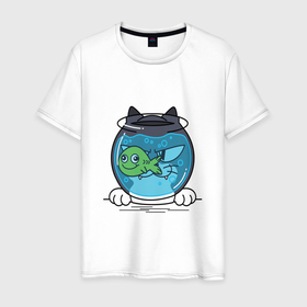 Мужская футболка хлопок с принтом KOTOFEY AND AQUARIUM в Санкт-Петербурге, 100% хлопок | прямой крой, круглый вырез горловины, длина до линии бедер, слегка спущенное плечо. | Тематика изображения на принте: аквариум | животные | забавные | красочные | рыбка | синий