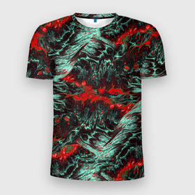Мужская футболка 3D Slim с принтом Красно Белая Вулканическая Лава в Новосибирске, 100% полиэстер с улучшенными характеристиками | приталенный силуэт, круглая горловина, широкие плечи, сужается к линии бедра | Тематика изображения на принте: lava | volcanic | volcano | белый | вулкан | вулканическая | красный | лава | природа