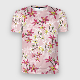 Мужская футболка 3D Slim с принтом Цветы Розовые Плюмерии в Санкт-Петербурге, 100% полиэстер с улучшенными характеристиками | приталенный силуэт, круглая горловина, широкие плечи, сужается к линии бедра | flowers | букет | плюмерии | природа | растение | розовый | флора | цветы