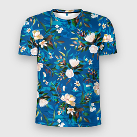 Мужская футболка 3D Slim с принтом Цветы Синий Сад в Санкт-Петербурге, 100% полиэстер с улучшенными характеристиками | приталенный силуэт, круглая горловина, широкие плечи, сужается к линии бедра | flowers | букет | природа | растение | сад | синий | флора | цветы