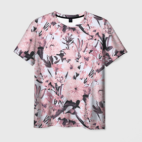 Мужская футболка 3D с принтом Цветы Розовые Пионы На Светлом Фоне в Петрозаводске, 100% полиэфир | прямой крой, круглый вырез горловины, длина до линии бедер | flowers | букет | пионы | природа | растение | розовый | флора | цветы