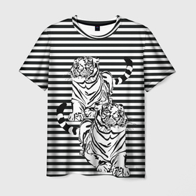 Мужская футболка 3D с принтом Боевой тигр в Новосибирске, 100% полиэфир | прямой крой, круглый вырез горловины, длина до линии бедер | вмф | иллюзия | опасный | полосы | тельник | тельняшка | тигр | тигры