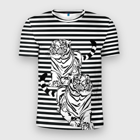 Мужская футболка 3D Slim с принтом Боевой тигр в Белгороде, 100% полиэстер с улучшенными характеристиками | приталенный силуэт, круглая горловина, широкие плечи, сужается к линии бедра | вмф | иллюзия | опасный | полосы | тельник | тельняшка | тигр | тигры