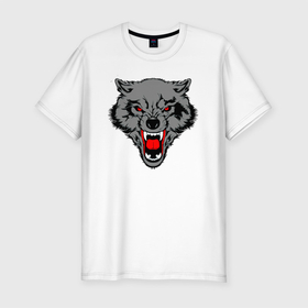 Мужская футболка хлопок Slim с принтом Злой волчий оскал в Новосибирске, 92% хлопок, 8% лайкра | приталенный силуэт, круглый вырез ворота, длина до линии бедра, короткий рукав | wolf | бирюк | волк | волки | волчара | волчица | волчок | волчонок | дикий | животное | зверь | койот | переярок | серый | хищник | шакал