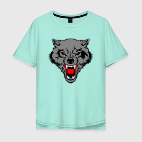 Мужская футболка хлопок Oversize с принтом Злой волчий оскал в Екатеринбурге, 100% хлопок | свободный крой, круглый ворот, “спинка” длиннее передней части | wolf | бирюк | волк | волки | волчара | волчица | волчок | волчонок | дикий | животное | зверь | койот | переярок | серый | хищник | шакал