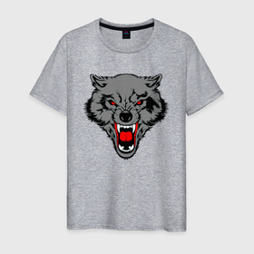 Мужская футболка хлопок с принтом Злой волчий оскал в Санкт-Петербурге, 100% хлопок | прямой крой, круглый вырез горловины, длина до линии бедер, слегка спущенное плечо. | wolf | бирюк | волк | волки | волчара | волчица | волчок | волчонок | дикий | животное | зверь | койот | переярок | серый | хищник | шакал