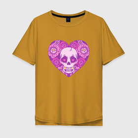 Мужская футболка хлопок Oversize с принтом день мертвых Da de Muertos в Курске, 100% хлопок | свободный крой, круглый ворот, “спинка” длиннее передней части | da de muertos | день мертвых | мексика | скелет | цветы | череп | черепушка
