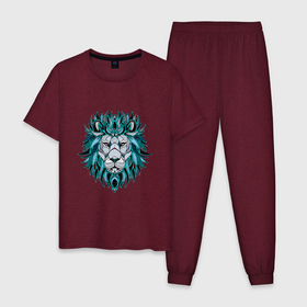 Мужская пижама хлопок с принтом Голубой лев в Екатеринбурге, 100% хлопок | брюки и футболка прямого кроя, без карманов, на брюках мягкая резинка на поясе и по низу штанин
 | белый | зеленый | лев | синий