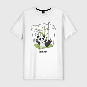 Мужская футболка хлопок Slim с принтом Im fluffy в Петрозаводске, 92% хлопок, 8% лайкра | приталенный силуэт, круглый вырез ворота, длина до линии бедра, короткий рукав | бамбук | диета | медведь | мультяшный | настроение | панда | пушистый | сладкоежка
