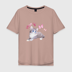 Мужская футболка хлопок Oversize с принтом Голубоглазый котенок и бабочки в Курске, 100% хлопок | свободный крой, круглый ворот, “спинка” длиннее передней части | бабочка | глаза | голубое | кот | котенок | кошка | милое | розовый | сердце