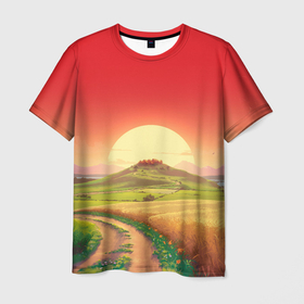 Мужская футболка 3D с принтом Дорога к солнцу в Тюмени, 100% полиэфир | прямой крой, круглый вырез горловины, длина до линии бедер | дорога | закат | поле | природа | путь | солнце