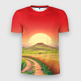 Мужская футболка 3D Slim с принтом Дорога к солнцу , 100% полиэстер с улучшенными характеристиками | приталенный силуэт, круглая горловина, широкие плечи, сужается к линии бедра | дорога | закат | поле | природа | путь | солнце