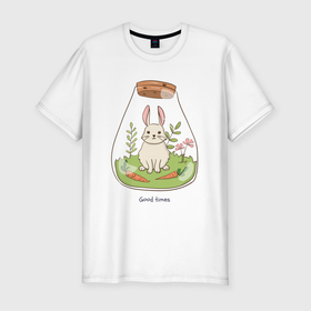 Мужская футболка хлопок Slim с принтом Good times в Кировске, 92% хлопок, 8% лайкра | приталенный силуэт, круглый вырез ворота, длина до линии бедра, короткий рукав | good times | животное | заец | зайчик | зая | зверь | кролик | морковка | мультяшный | оптимизм