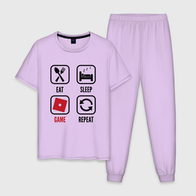 Мужская пижама хлопок с принтом Eat   Sleep   Roblox   Repeat в Новосибирске, 100% хлопок | брюки и футболка прямого кроя, без карманов, на брюках мягкая резинка на поясе и по низу штанин
 | Тематика изображения на принте: eat sleep repeat | logo | roblox | игра | игры | лого | логотип | роблокс | символ