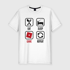 Мужская футболка хлопок Slim с принтом Eat   Sleep   Roblox   Repeat , 92% хлопок, 8% лайкра | приталенный силуэт, круглый вырез ворота, длина до линии бедра, короткий рукав | eat sleep repeat | logo | roblox | игра | игры | лого | логотип | роблокс | символ