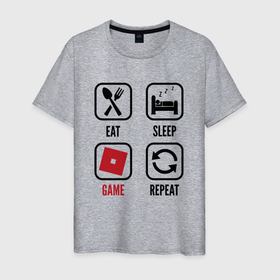 Мужская футболка хлопок с принтом Eat   Sleep   Roblox   Repeat в Новосибирске, 100% хлопок | прямой крой, круглый вырез горловины, длина до линии бедер, слегка спущенное плечо. | Тематика изображения на принте: eat sleep repeat | logo | roblox | игра | игры | лого | логотип | роблокс | символ