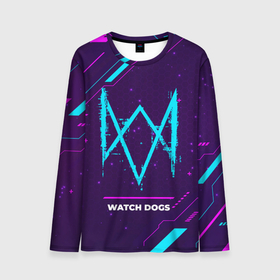 Мужской лонгслив 3D с принтом Символ Watch Dogs в неоновых цветах на темном фоне в Петрозаводске, 100% полиэстер | длинные рукава, круглый вырез горловины, полуприлегающий силуэт | dogs | logo | neon | watch | watch dogs | вотч | догс | игра | игры | краска | лого | логотип | неон | символ | спрей