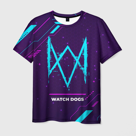 Мужская футболка 3D с принтом Символ Watch Dogs в неоновых цветах на темном фоне в Кировске, 100% полиэфир | прямой крой, круглый вырез горловины, длина до линии бедер | dogs | logo | neon | watch | watch dogs | вотч | догс | игра | игры | краска | лого | логотип | неон | символ | спрей