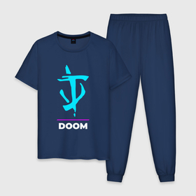 Мужская пижама хлопок с принтом Символ Doom в неоновых цветах , 100% хлопок | брюки и футболка прямого кроя, без карманов, на брюках мягкая резинка на поясе и по низу штанин
 | doom | logo | neon | дум | игра | игры | лого | логотип | неон | символ