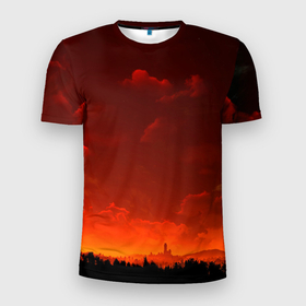 Мужская футболка 3D Slim с принтом Облака перед восходом солнца в Санкт-Петербурге, 100% полиэстер с улучшенными характеристиками | приталенный силуэт, круглая горловина, широкие плечи, сужается к линии бедра | Тематика изображения на принте: восход | закат | лес | небо | облака
