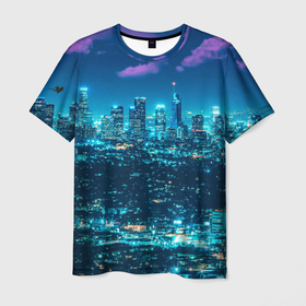 Мужская футболка 3D с принтом Вечер в Лос Анжелесе в Кировске, 100% полиэфир | прямой крой, круглый вырез горловины, длина до линии бедер | вечер | город | звезды | лос анжелес | мегаполис | небо | ночь