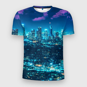 Мужская футболка 3D Slim с принтом Вечер в Лос Анжелесе в Петрозаводске, 100% полиэстер с улучшенными характеристиками | приталенный силуэт, круглая горловина, широкие плечи, сужается к линии бедра | вечер | город | звезды | лос анжелес | мегаполис | небо | ночь