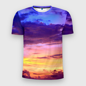 Мужская футболка 3D Slim с принтом Небо на закате в Петрозаводске, 100% полиэстер с улучшенными характеристиками | приталенный силуэт, круглая горловина, широкие плечи, сужается к линии бедра | cloud | восход | закат | небо | облака