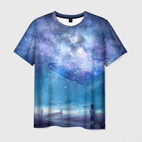 Мужская футболка 3D с принтом Девочка и космический кит в звёздном небе , 100% полиэфир | прямой крой, круглый вырез горловины, длина до линии бедер | anime | аниме | анимэ | девочка | звезды | кит | небо | облака | ребенок
