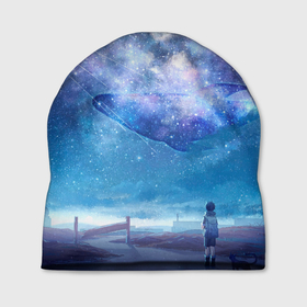 Шапка 3D с принтом Девочка и космический кит в звёздном небе в Кировске, 100% полиэстер | универсальный размер, печать по всей поверхности изделия | anime | аниме | анимэ | девочка | звезды | кит | небо | облака | ребенок
