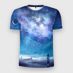 Мужская футболка 3D Slim с принтом Девочка и космический кит в звёздном небе в Екатеринбурге, 100% полиэстер с улучшенными характеристиками | приталенный силуэт, круглая горловина, широкие плечи, сужается к линии бедра | anime | аниме | анимэ | девочка | звезды | кит | небо | облака | ребенок