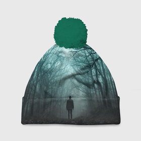 Шапка 3D c помпоном с принтом Парень в лесу в Белгороде, 100% полиэстер | универсальный размер, печать по всей поверхности изделия | в лесу | деревья | дорога | лем | мрак | мужчина | парень | тропинка | туман
