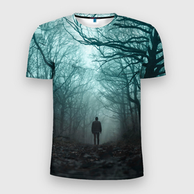 Мужская футболка 3D Slim с принтом Парень в лесу в Петрозаводске, 100% полиэстер с улучшенными характеристиками | приталенный силуэт, круглая горловина, широкие плечи, сужается к линии бедра | в лесу | деревья | дорога | лем | мрак | мужчина | парень | тропинка | туман
