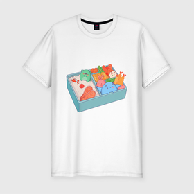 Мужская футболка хлопок Slim с принтом SET OF FUN FOOD в Курске, 92% хлопок, 8% лайкра | приталенный силуэт, круглый вырез ворота, длина до линии бедра, короткий рукав | горох | набор | пища | рис | рыбка | суши