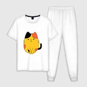 Мужская пижама хлопок с принтом CUTE LONELY CAT в Тюмени, 100% хлопок | брюки и футболка прямого кроя, без карманов, на брюках мягкая резинка на поясе и по низу штанин
 | домашний | животное | забавный | милый | пятнистый | цветной